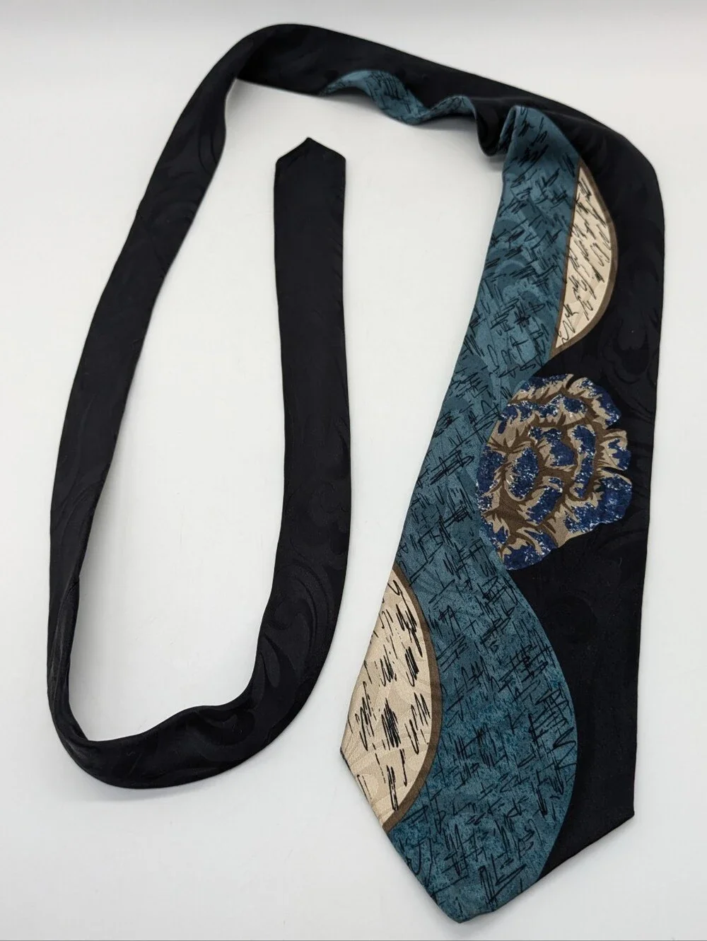 Vintage Chez Roffe Black Blue Cream Abstract Silk Mens Tie